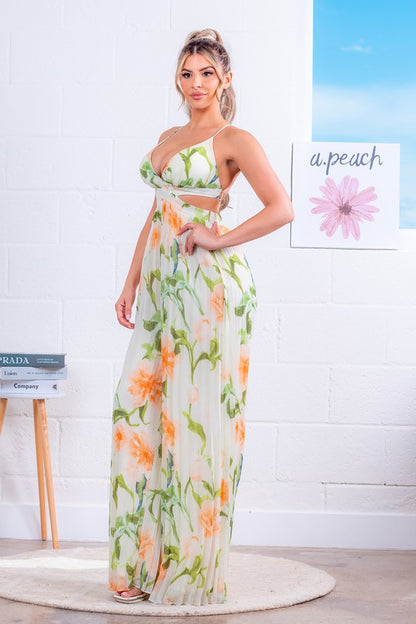 PLEATED PRINTED MAXI DRESS