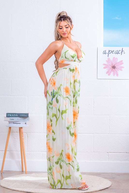 PLEATED PRINTED MAXI DRESS