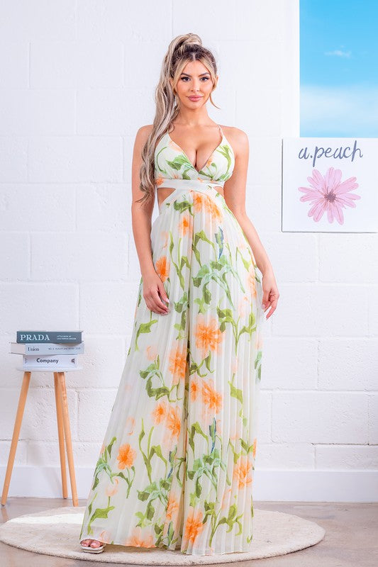 PLEATED PRINTED MAXI DRESS