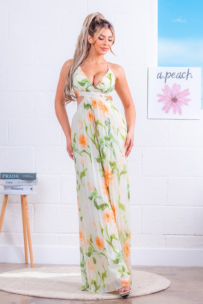 PLEATED PRINTED MAXI DRESS