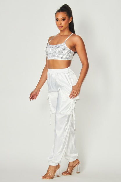 RHINESTONE CROP TOP WITH SATIN GARCO JOGGER SET