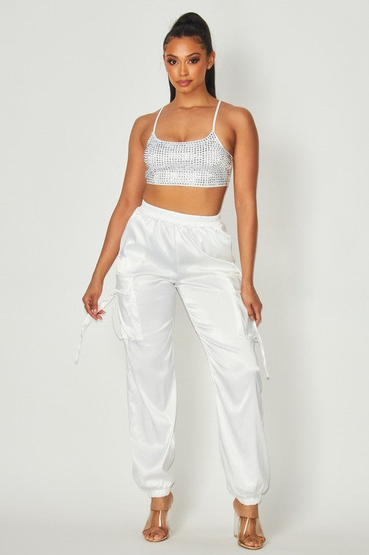 RHINESTONE CROP TOP WITH SATIN GARCO JOGGER SET