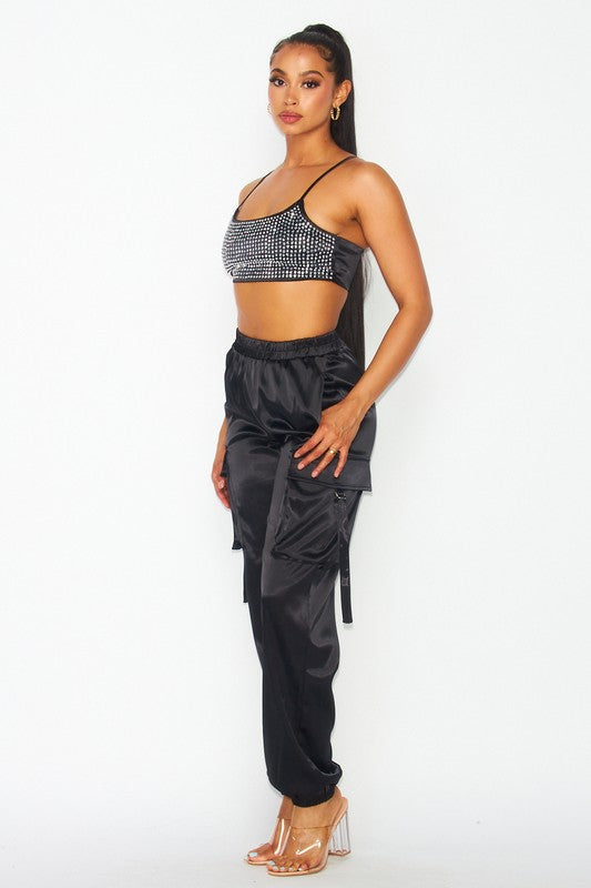 RHINESTONE CROP TOP WITH SATIN GARCO JOGGER SET