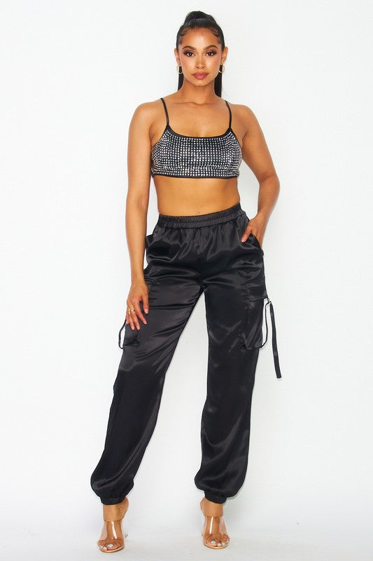 RHINESTONE CROP TOP WITH SATIN GARCO JOGGER SET