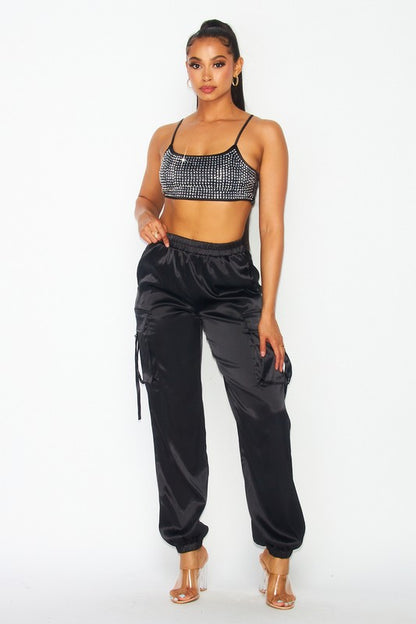 RHINESTONE CROP TOP WITH SATIN GARCO JOGGER SET