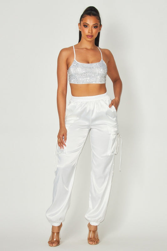 RHINESTONE CROP TOP WITH SATIN GARCO JOGGER SET