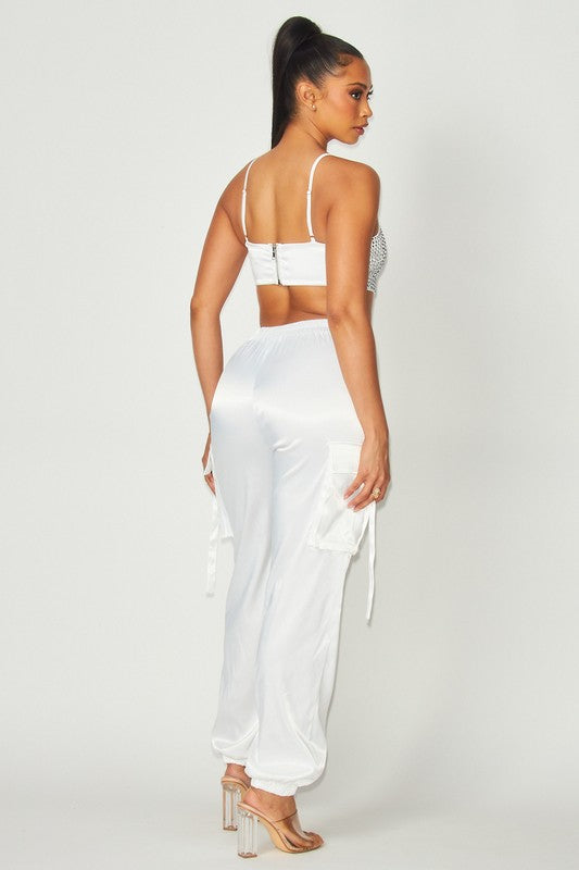 RHINESTONE CROP TOP WITH SATIN GARCO JOGGER SET