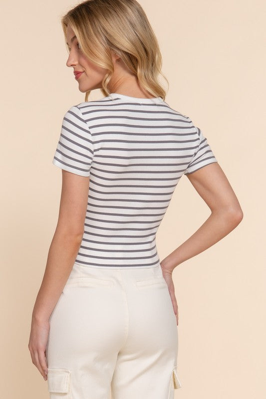 SHORT SLV STRIPE COTTON RIB TOP