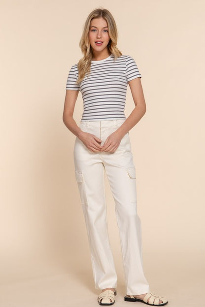 SHORT SLV STRIPE COTTON RIB TOP