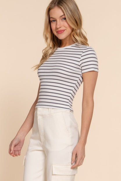 SHORT SLV STRIPE COTTON RIB TOP