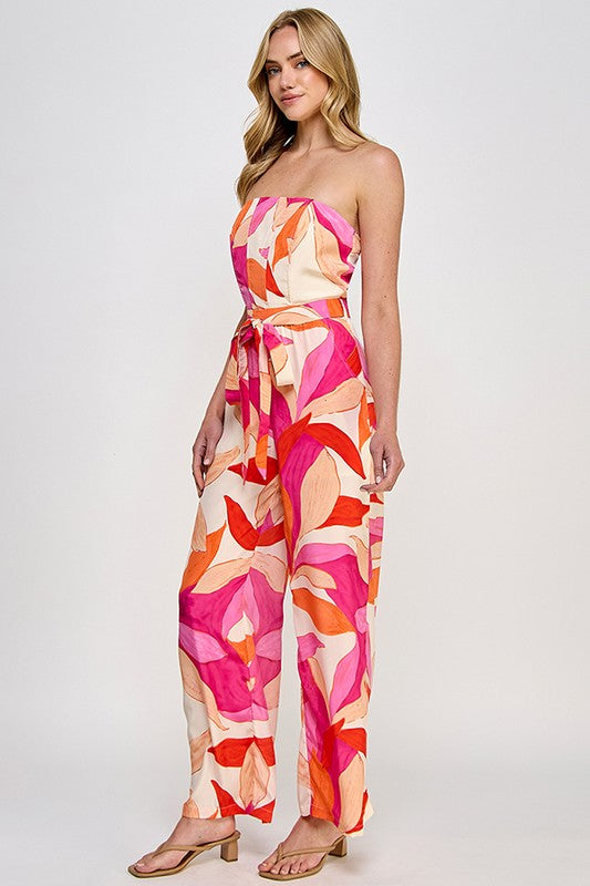 FLORAL PRINT CORSET STRAPLESS JUMPSUIT