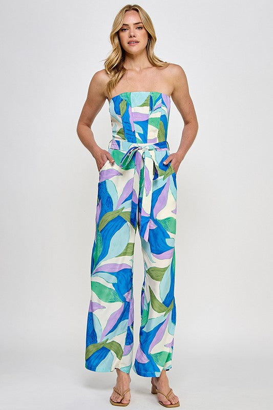 FLORAL PRINT CORSET STRAPLESS JUMPSUIT