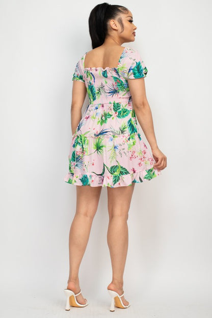 Ruched Tropical Ruffle Trim Dress