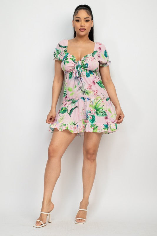 Ruched Tropical Ruffle Trim Dress