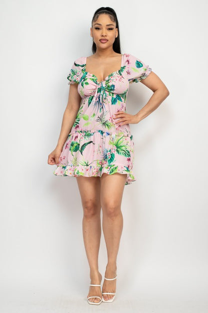 Ruched Tropical Ruffle Trim Dress