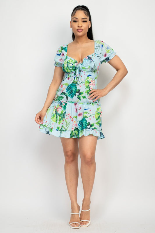 Ruched Tropical Ruffle Trim Dress