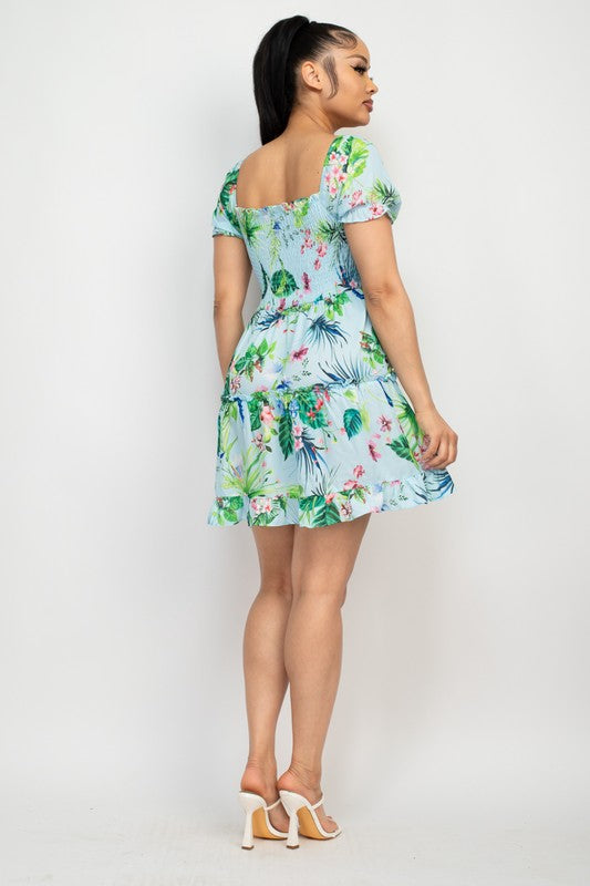 Ruched Tropical Ruffle Trim Dress