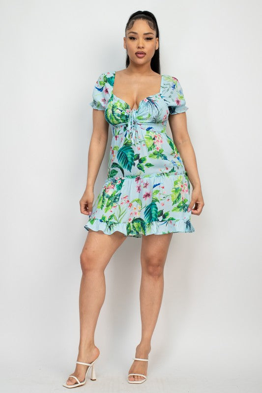 Ruched Tropical Ruffle Trim Dress