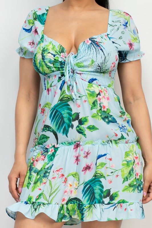 Ruched Tropical Ruffle Trim Dress