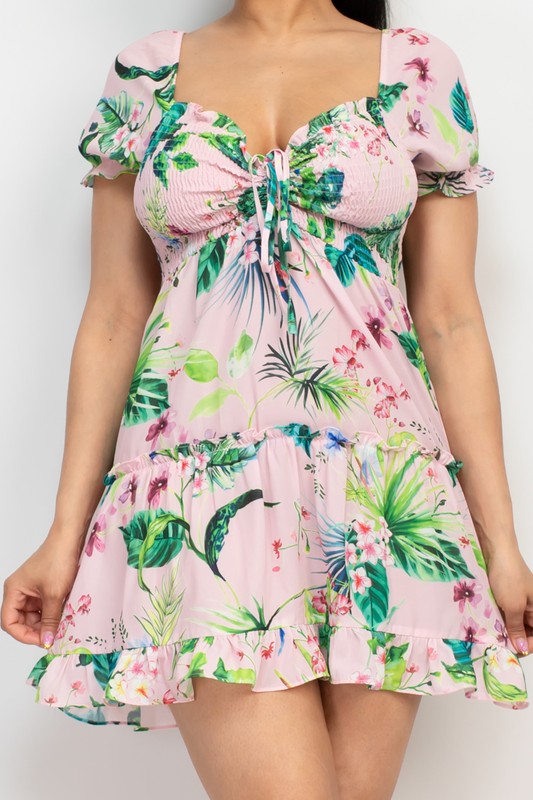 Ruched Tropical Ruffle Trim Dress