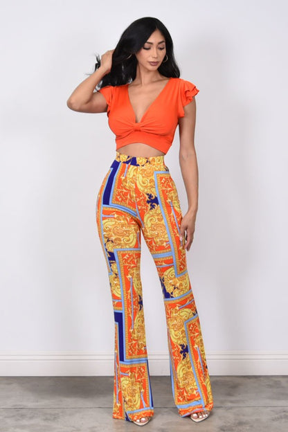 CONTRAST TOP & PRINTED PANTS SET