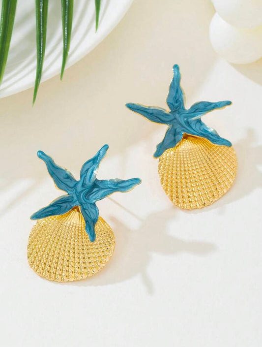 BLUE DROPLET STARFISH & SHELL SUMMER EARRINGS