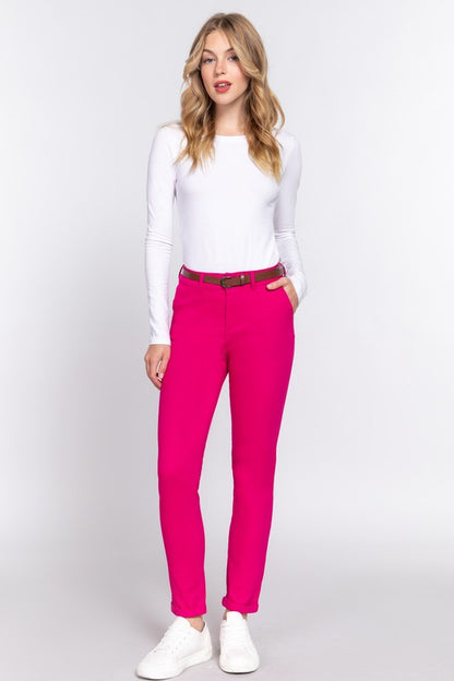 COTTON SPANDEX TWILL LONG PANTS WITH BELT