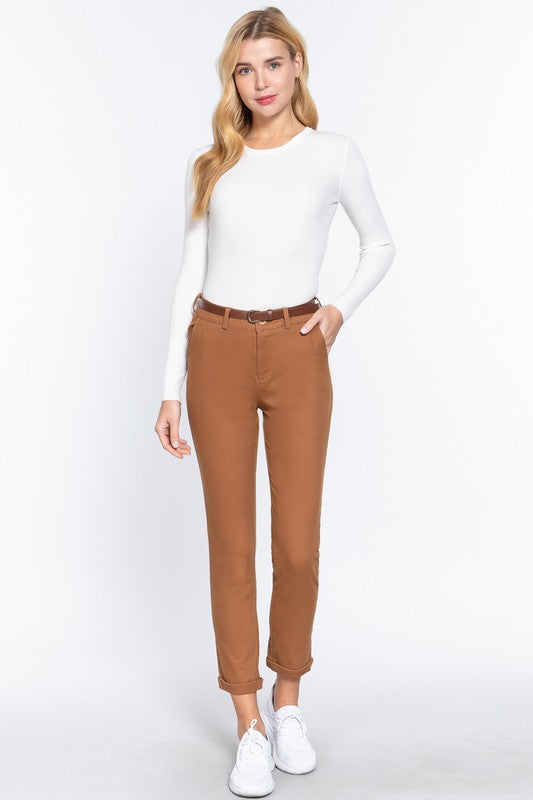 COTTON SPANDEX TWILL LONG PANTS WITH BELT