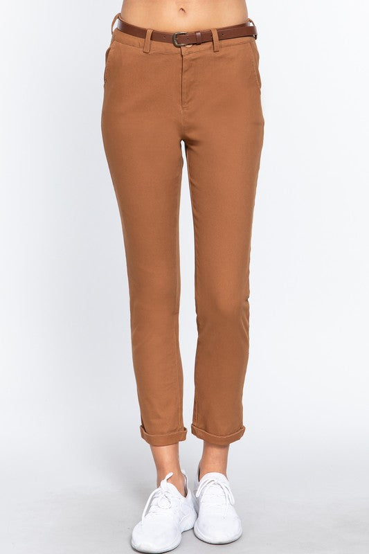 COTTON SPANDEX TWILL LONG PANTS WITH BELT