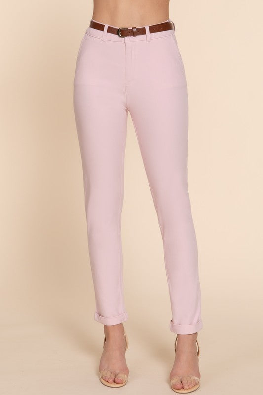 COTTON SPANDEX TWILL LONG PANTS WITH BELT