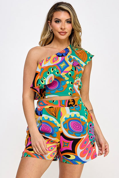 PRINTED ONE SHOULDER RUFFLE NECK CROP TOP WITH SHORTS SET