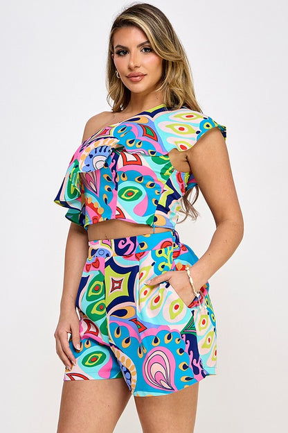 PRINTED ONE SHOULDER RUFFLE NECK CROP TOP WITH SHORTS SET