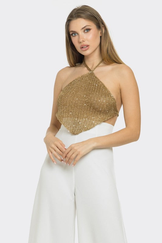 SEQUIN KNIT HALTER TOP