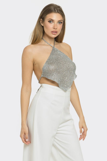 SEQUIN KNIT HALTER TOP