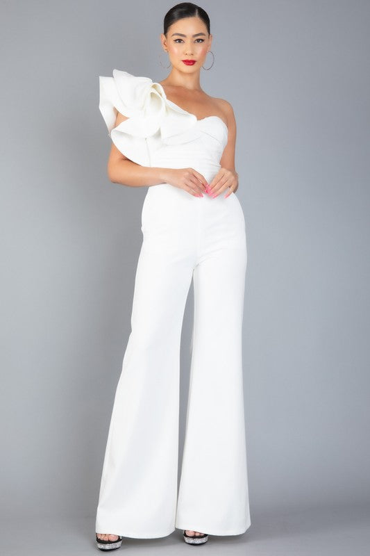 ONE SHOULDER RUFFLED BACK ZIP UP JUMPSUIT