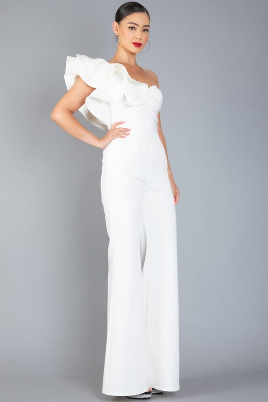 ONE SHOULDER RUFFLED BACK ZIP UP JUMPSUIT