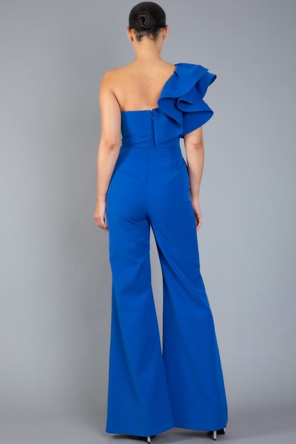 ONE SHOULDER RUFFLED BACK ZIP UP JUMPSUIT