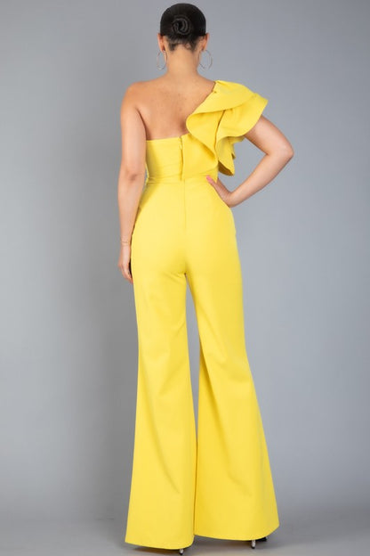 ONE SHOULDER RUFFLED BACK ZIP UP JUMPSUIT