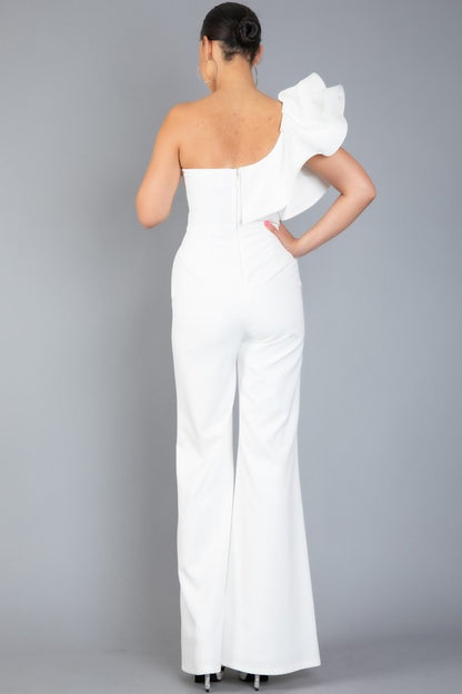 ONE SHOULDER RUFFLED BACK ZIP UP JUMPSUIT