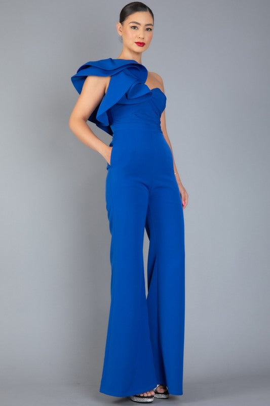 ONE SHOULDER RUFFLED BACK ZIP UP JUMPSUIT