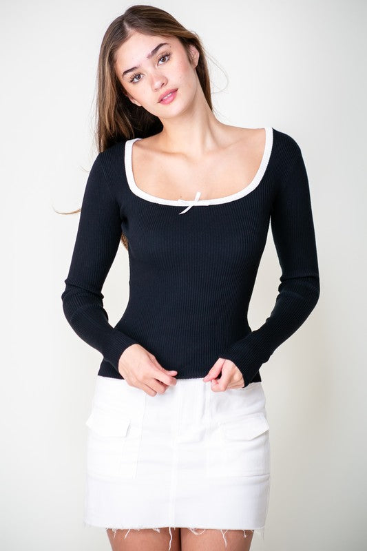 COQUETTE CONTRAST SWEATER RIBBED KNIT TOP