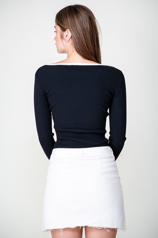 COQUETTE CONTRAST SWEATER RIBBED KNIT TOP