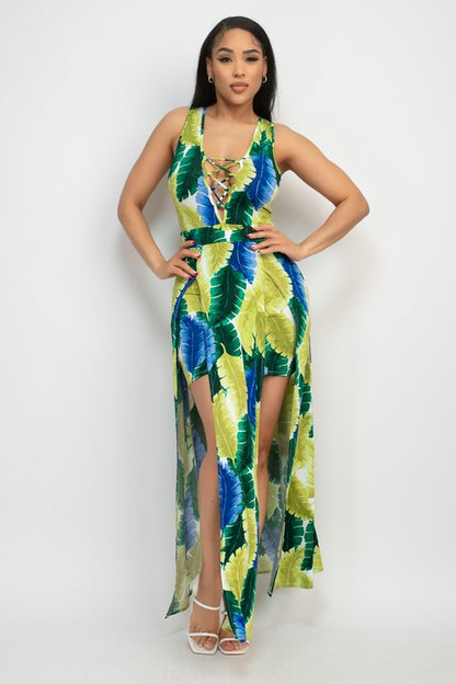 Front Slit Feather Design Maxi Dress