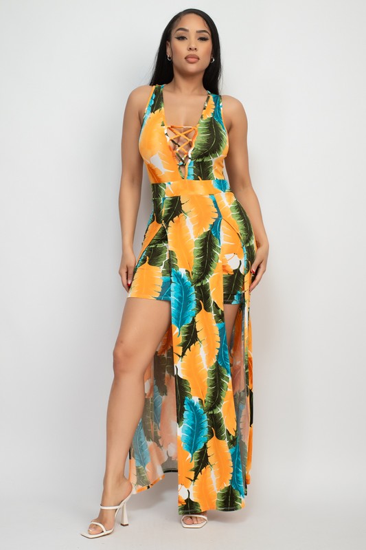 Front Slit Feather Design Maxi Dress