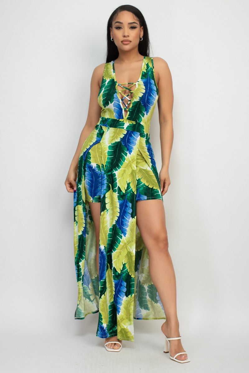 Front Slit Feather Design Maxi Dress