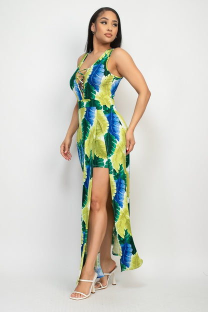 Front Slit Feather Design Maxi Dress