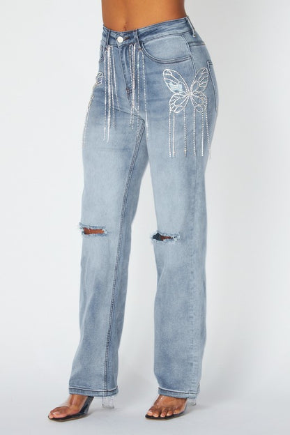 Alia Butterfly Rhinestone Fringe Denim Jeans Pants