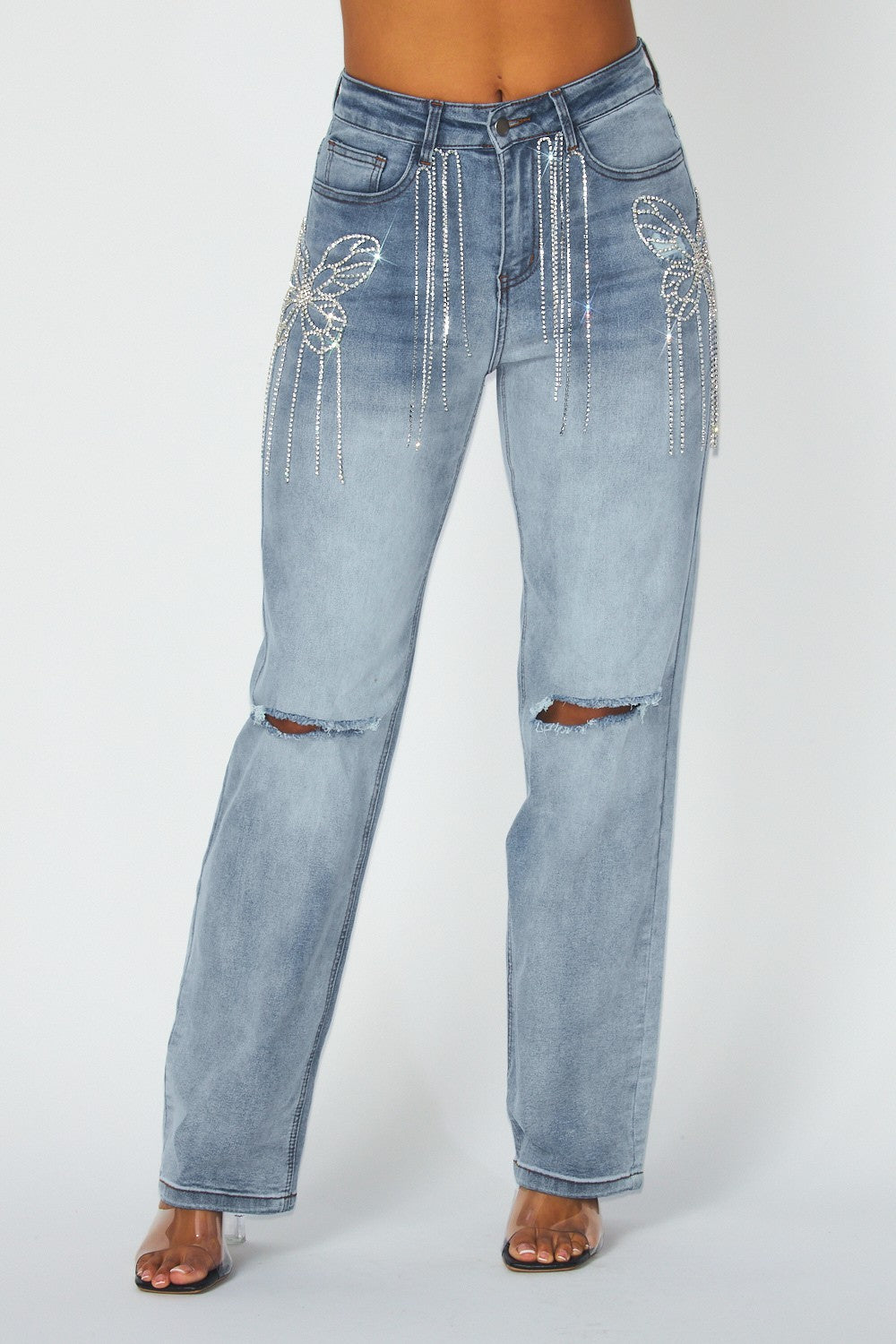 Alia Butterfly Rhinestone Fringe Denim Jeans Pants