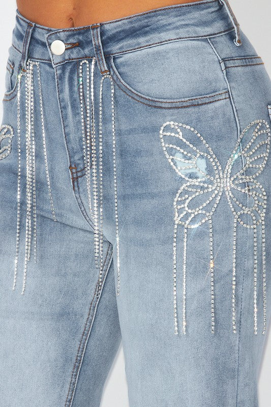 Alia Butterfly Rhinestone Fringe Denim Jeans Pants