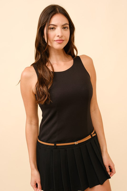 Sleeveless Pleated Mini Dress With Contrast Belt